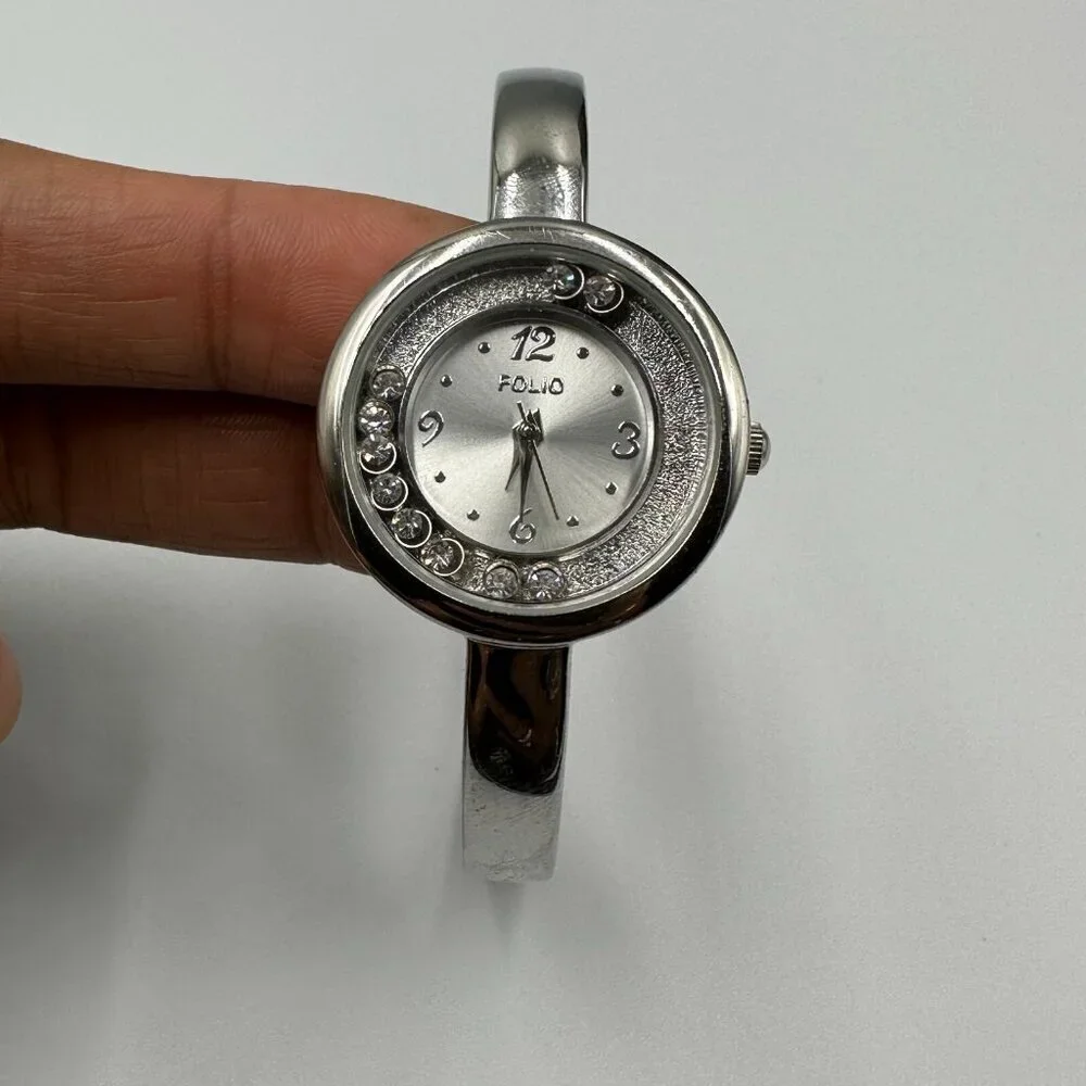 3/$30 Folio Watch Women Silver Floating Crystal Dial Bangle Band Works 6.75